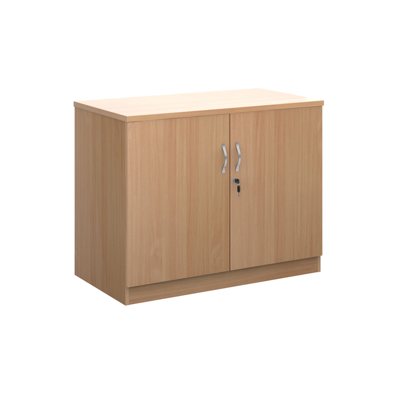 A two-door cabinet with a wood grain finish, featuring two vertical doors with slim silver handles and small lock keys, shown on a plain white background.
