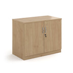 A two-door cabinet with a wood grain finish, featuring two vertical doors with slim silver handles and small lock keys, shown on a plain white background.