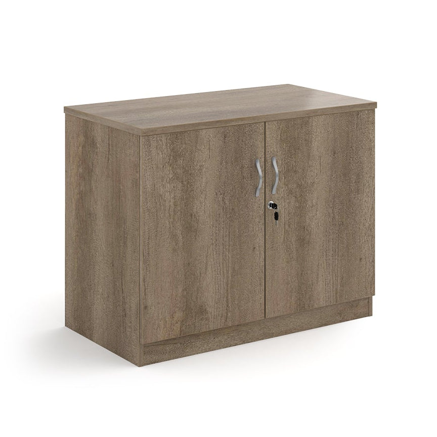 A two-door cabinet with a wood grain finish, featuring two vertical doors with slim silver handles and small lock keys, shown on a plain white background.