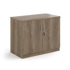 A two-door cabinet with a wood grain finish, featuring two vertical doors with slim silver handles and small lock keys, shown on a plain white background.
