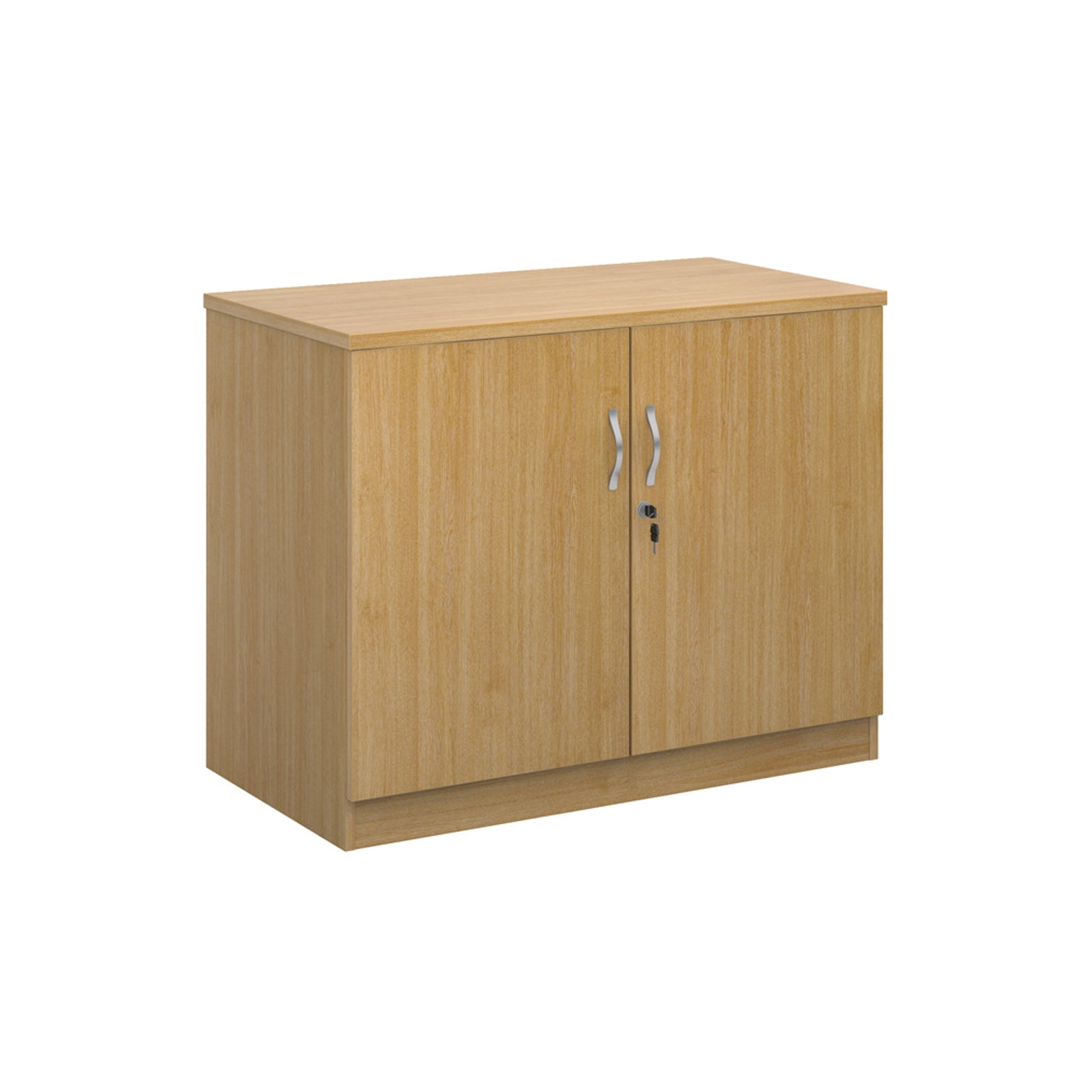 A two-door cabinet with a wood grain finish, featuring two vertical doors with slim silver handles and small lock keys, shown on a plain white background.
