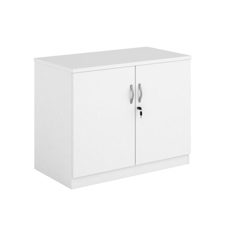 A two-door cabinet with a white finish, featuring two vertical doors with slim silver handles and small lock keys, shown on a plain white background.