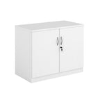 A two-door cabinet with a white finish, featuring two vertical doors with slim silver handles and small lock keys, shown on a plain white background.