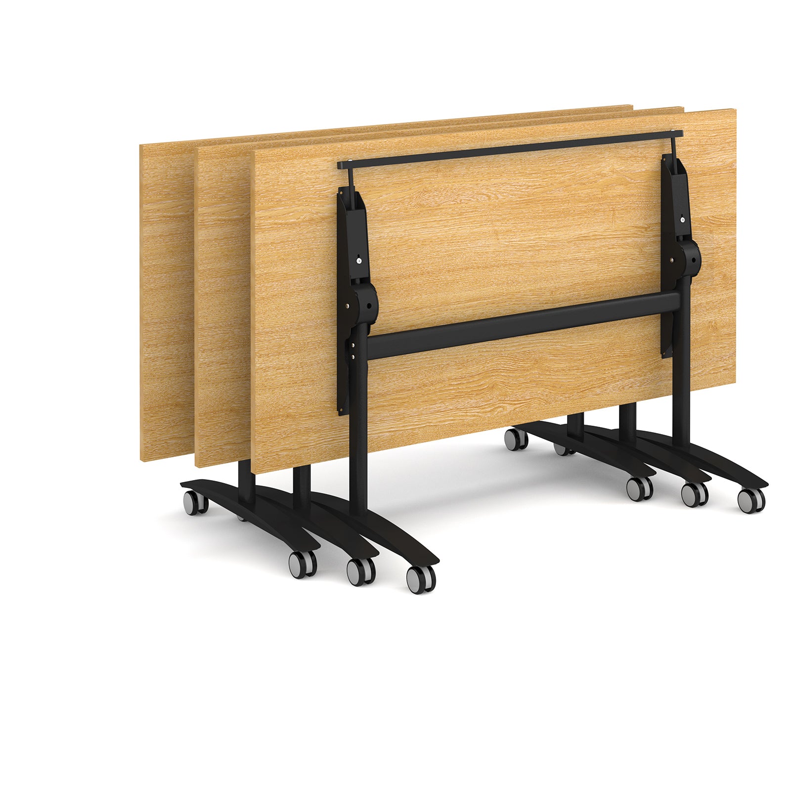 Three light oak folding conference tables stacked on a black rolling metal frame with casters, shown on a white background.