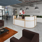 Modern office reception area with a reception desk, chairs, and decor.