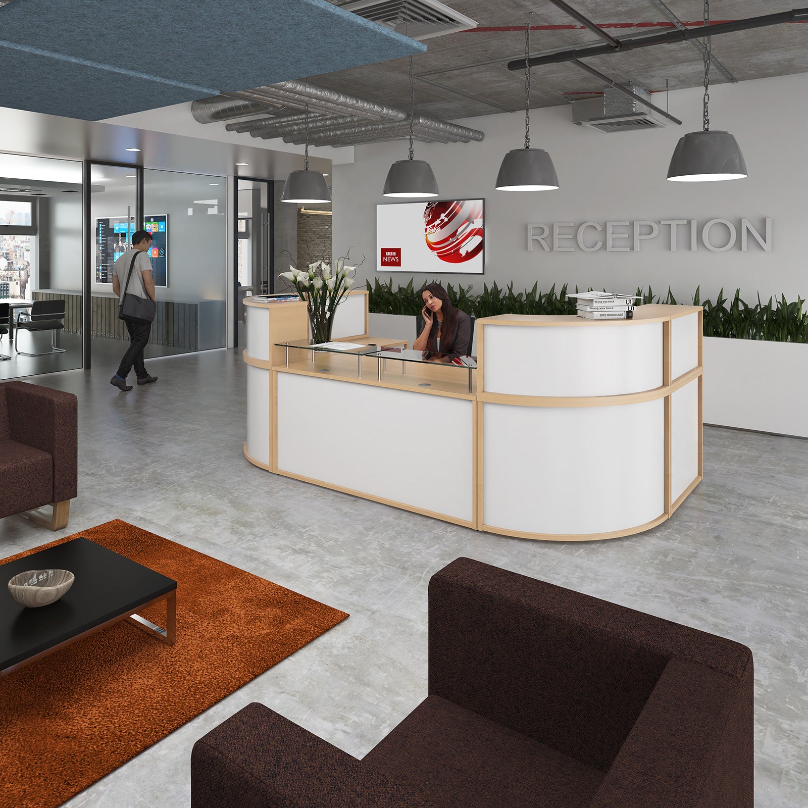Modern office reception area with a reception desk, chairs, and decor.