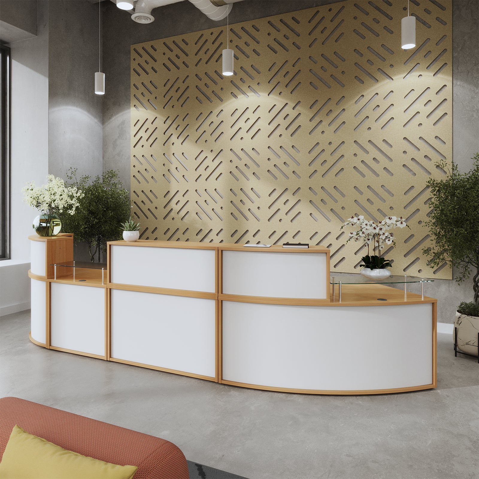 Modern reception desk with decorative wall panel in a professional setting