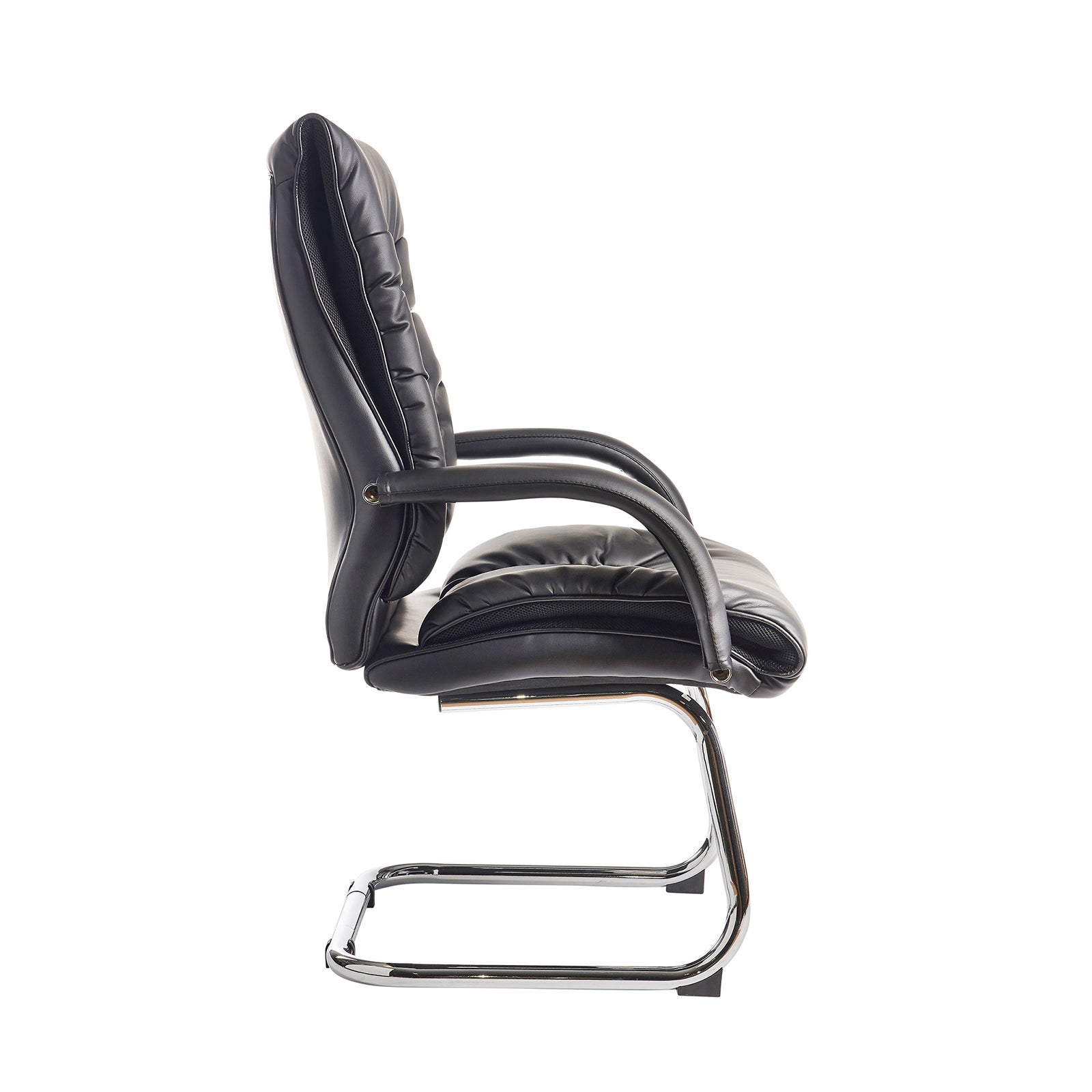 Black office chair with chrome frame on a white background