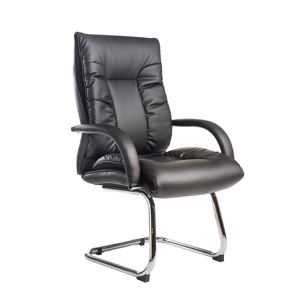 Black leather office chair with chrome legs on a white background