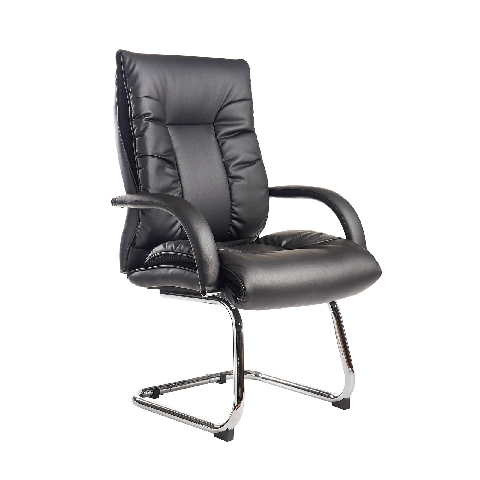 Black leather office chair with chrome legs on a white background
