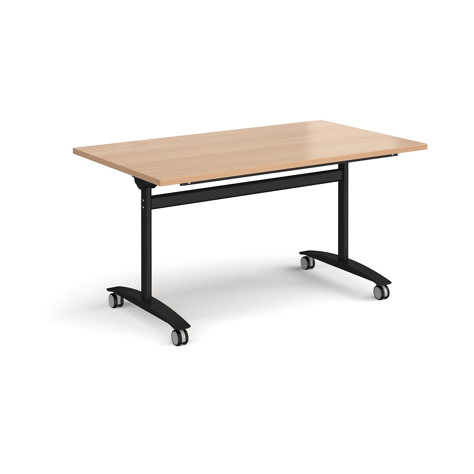 Rectangular table with a wood-effect top and black metal legs with castors on a white background