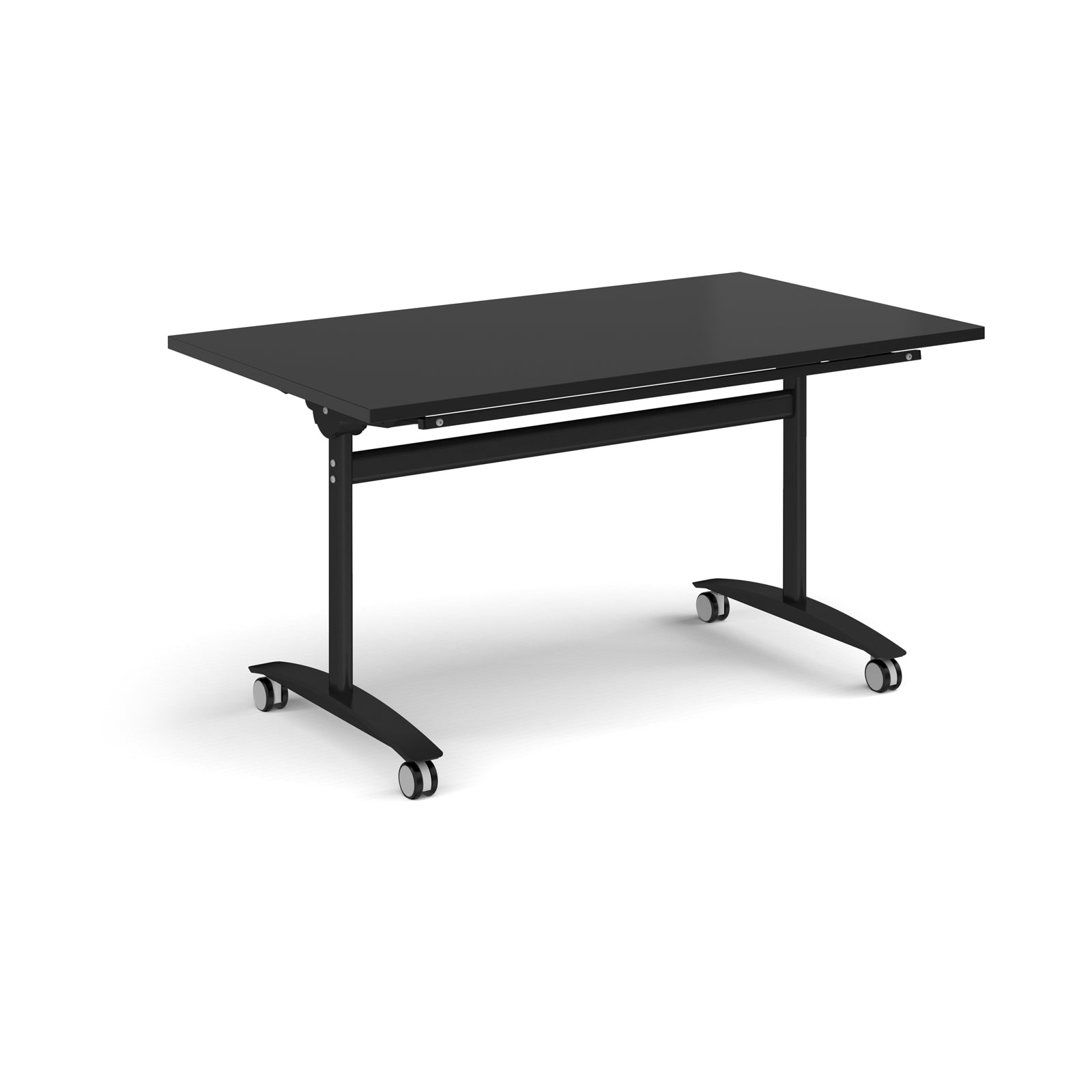 Black rectangular table with wheels on a white background