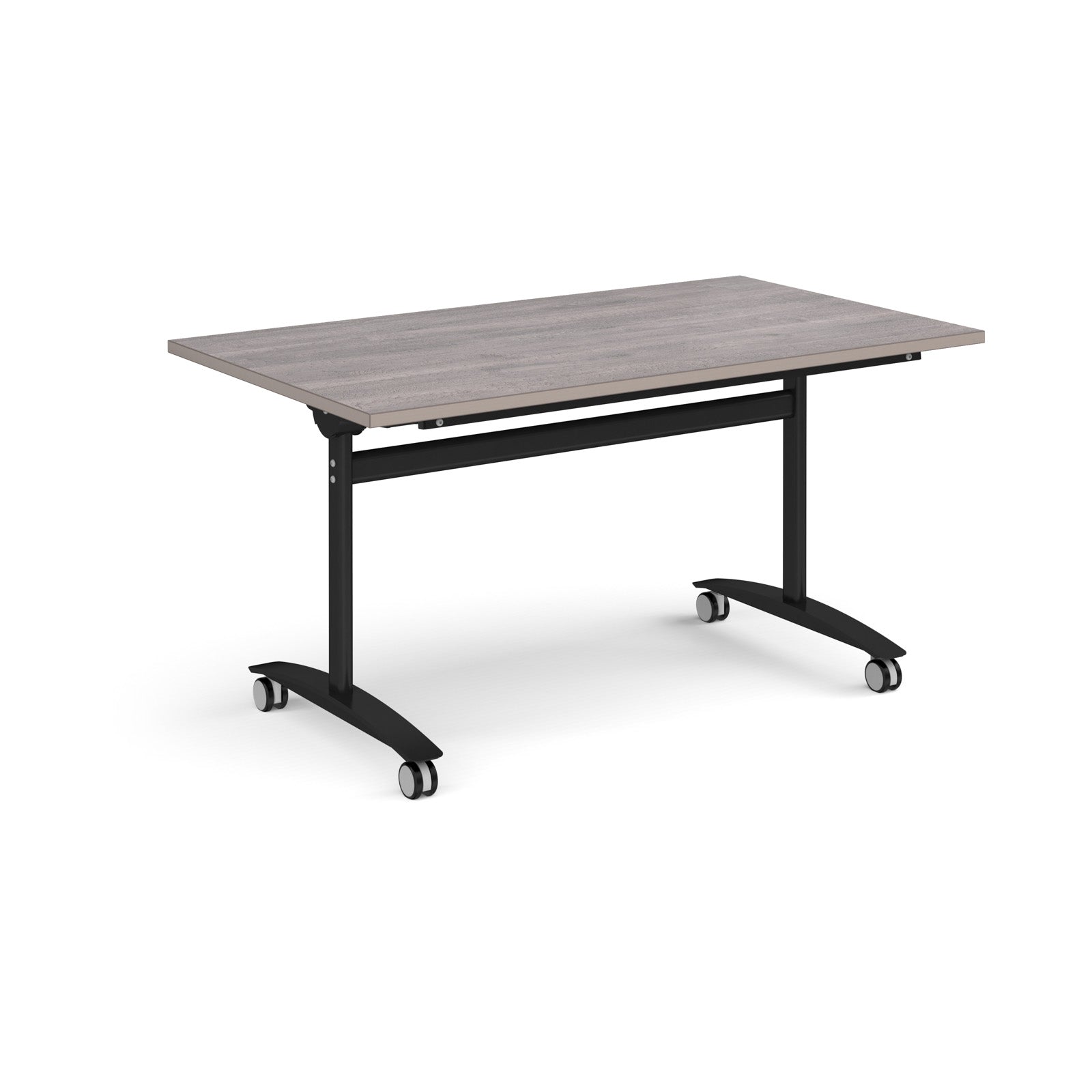 Rectangular table with a grey wood-effect top and black metal legs with castors on a white background
