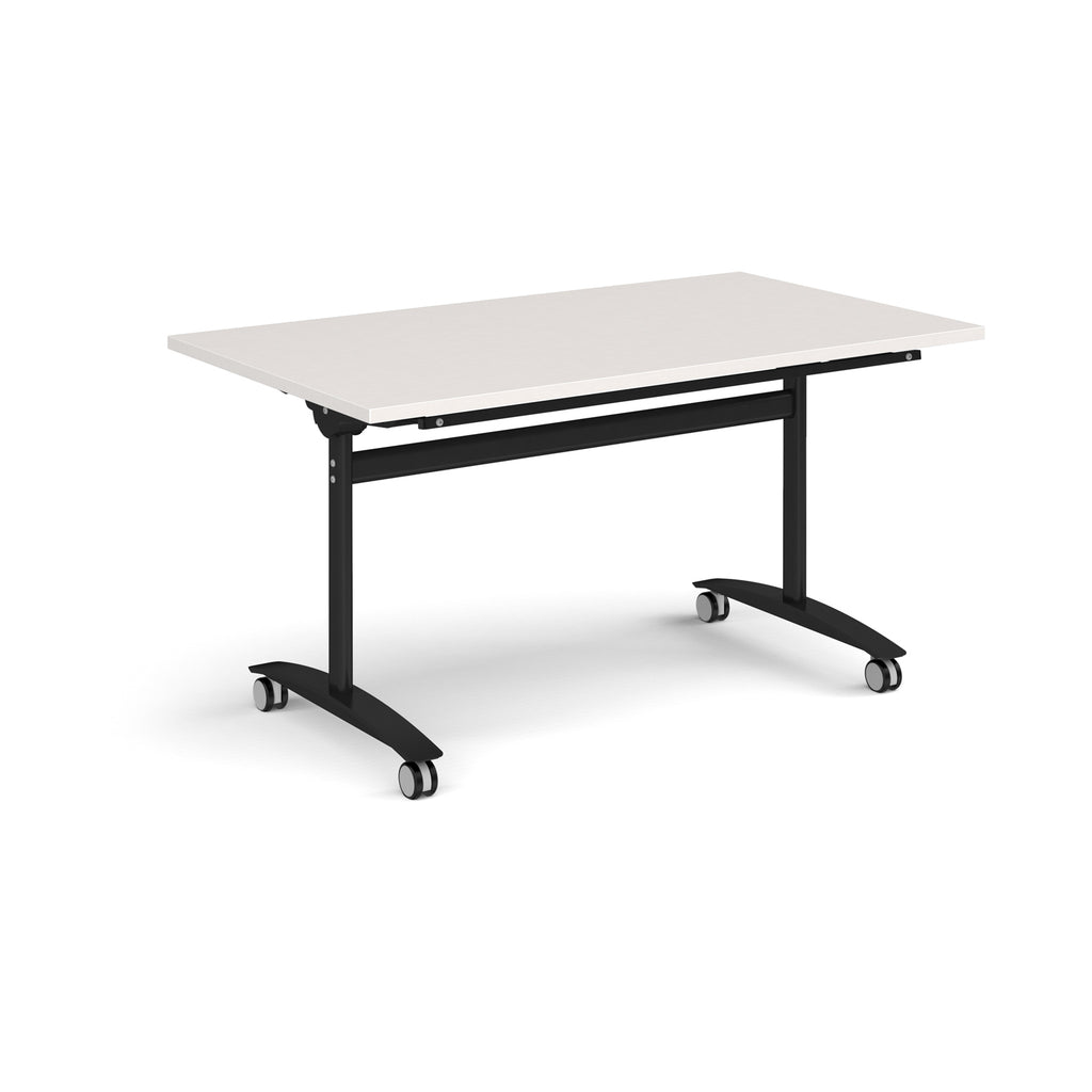 Rectangular table with a light grey top and black metal legs with castors on a white background