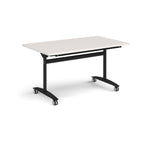Rectangular table with a light grey top and black metal legs with castors on a white background