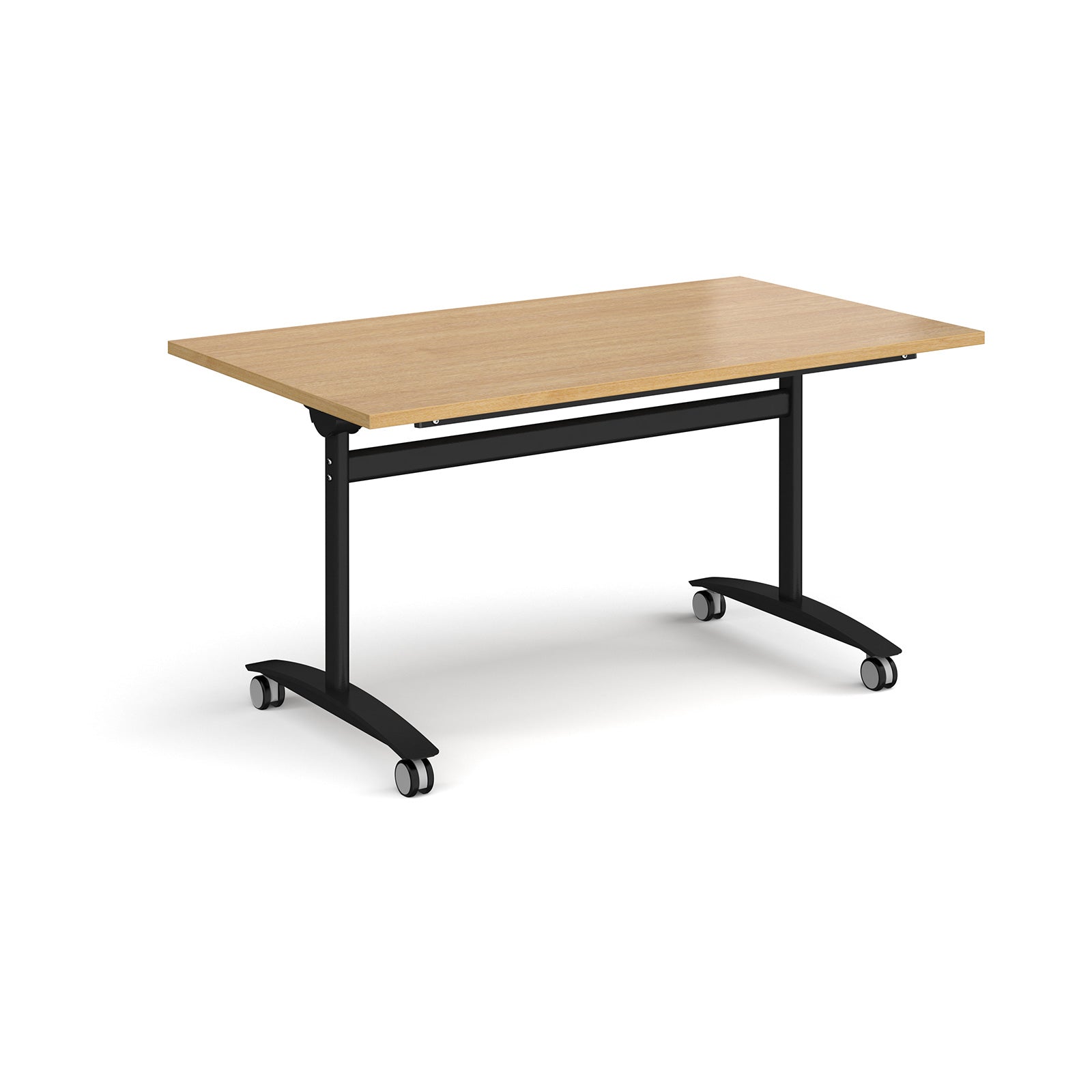 Rectangular table with a wood-effect top and black metal legs with castors on a white background