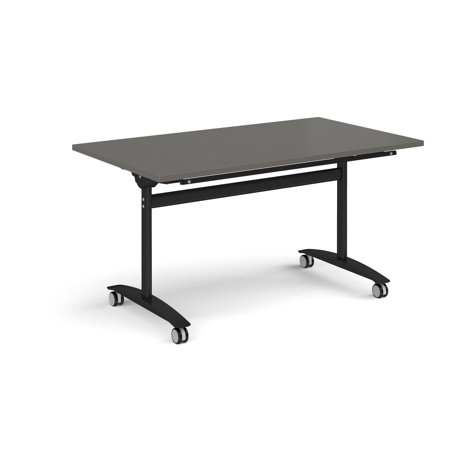 Rectangular table with a grey top and black metal legs with castors on a white background