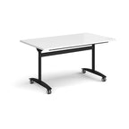 Rectangular table with a white top and black metal legs with castors on a white background