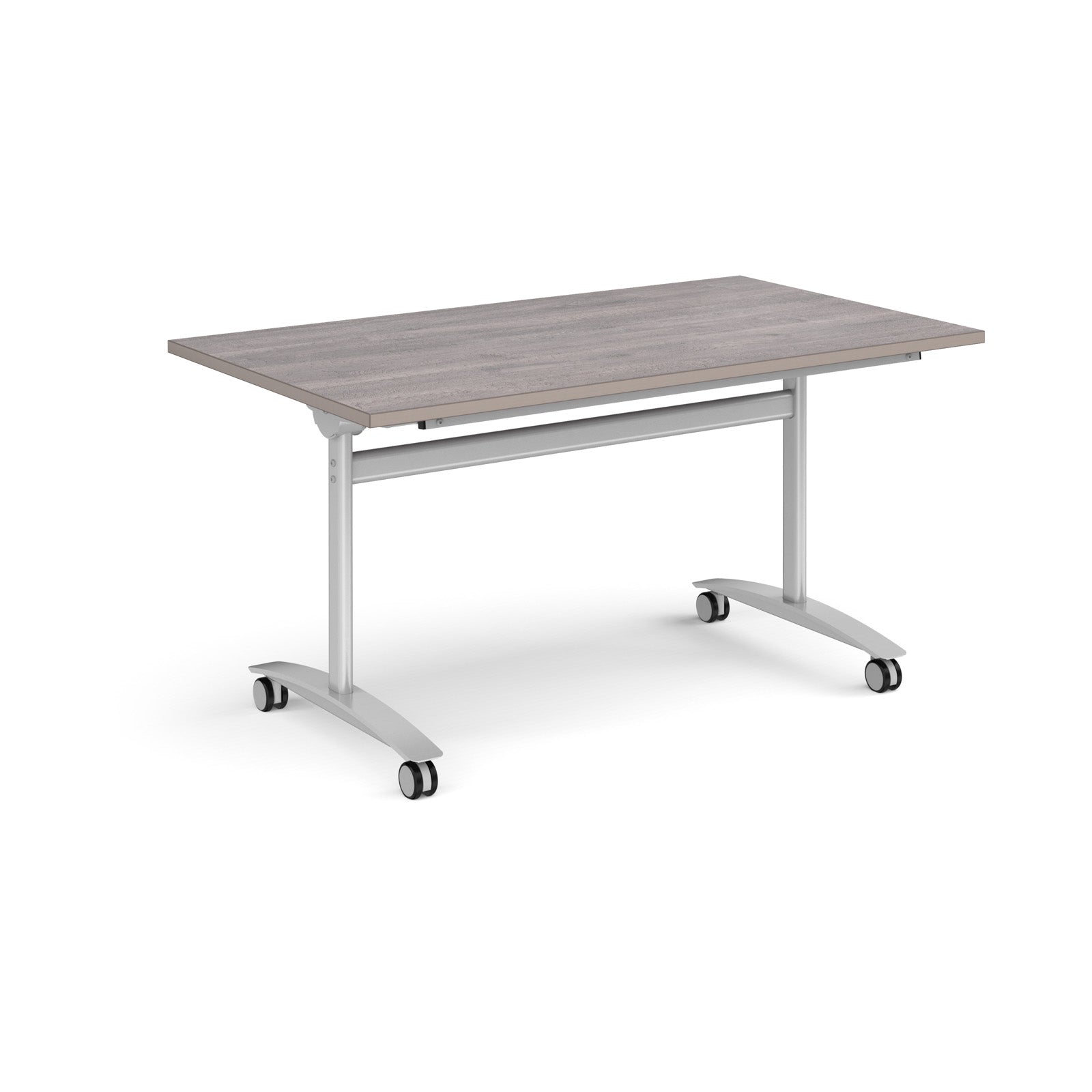 Rectangular table with a grey wood-effect top and silver metal legs with castors on a white background