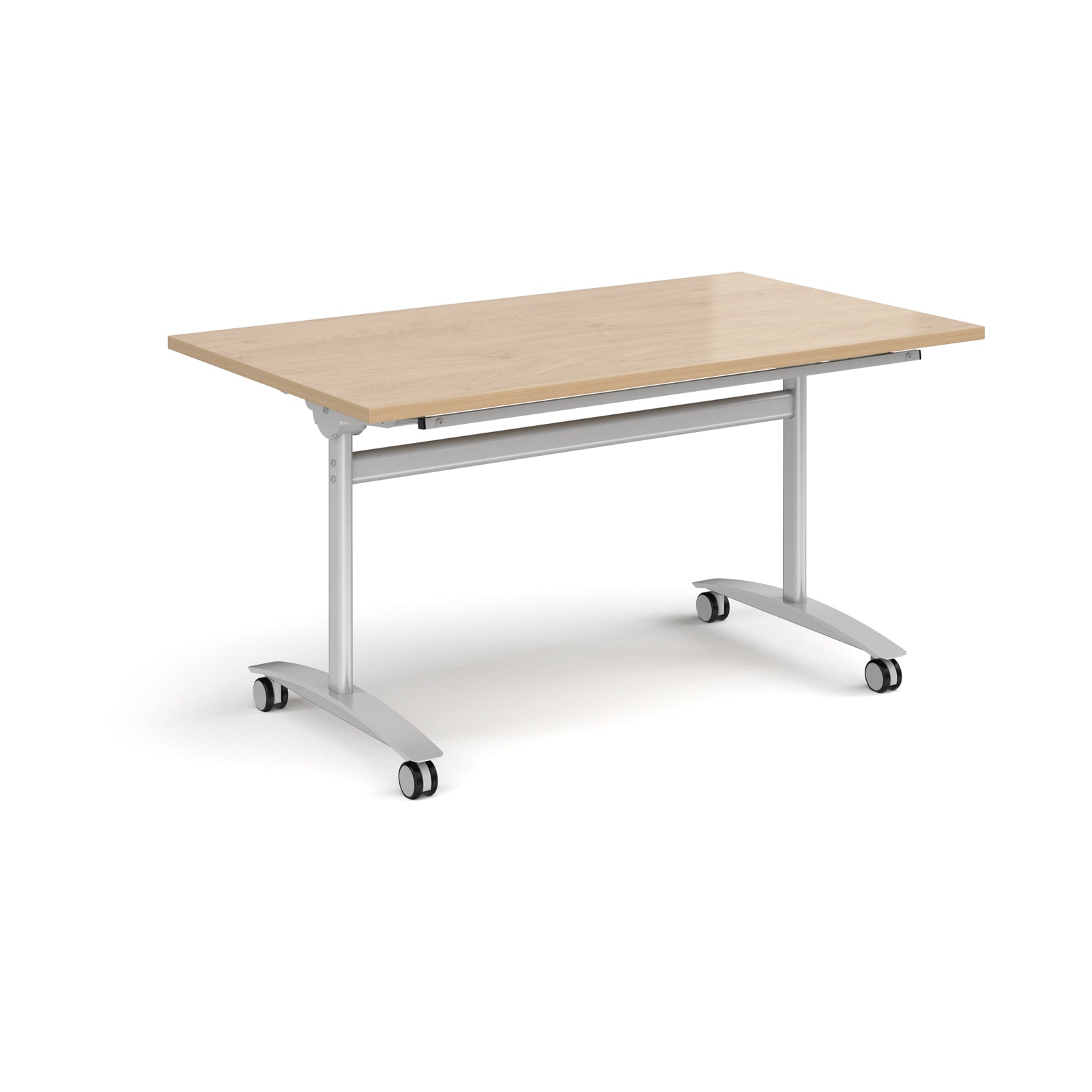 Rectangular table with a wood-effect top and silver metal legs with castors on a white background