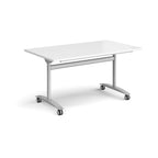 Rectangular table with a white top and silver metal legs with castors on a white background