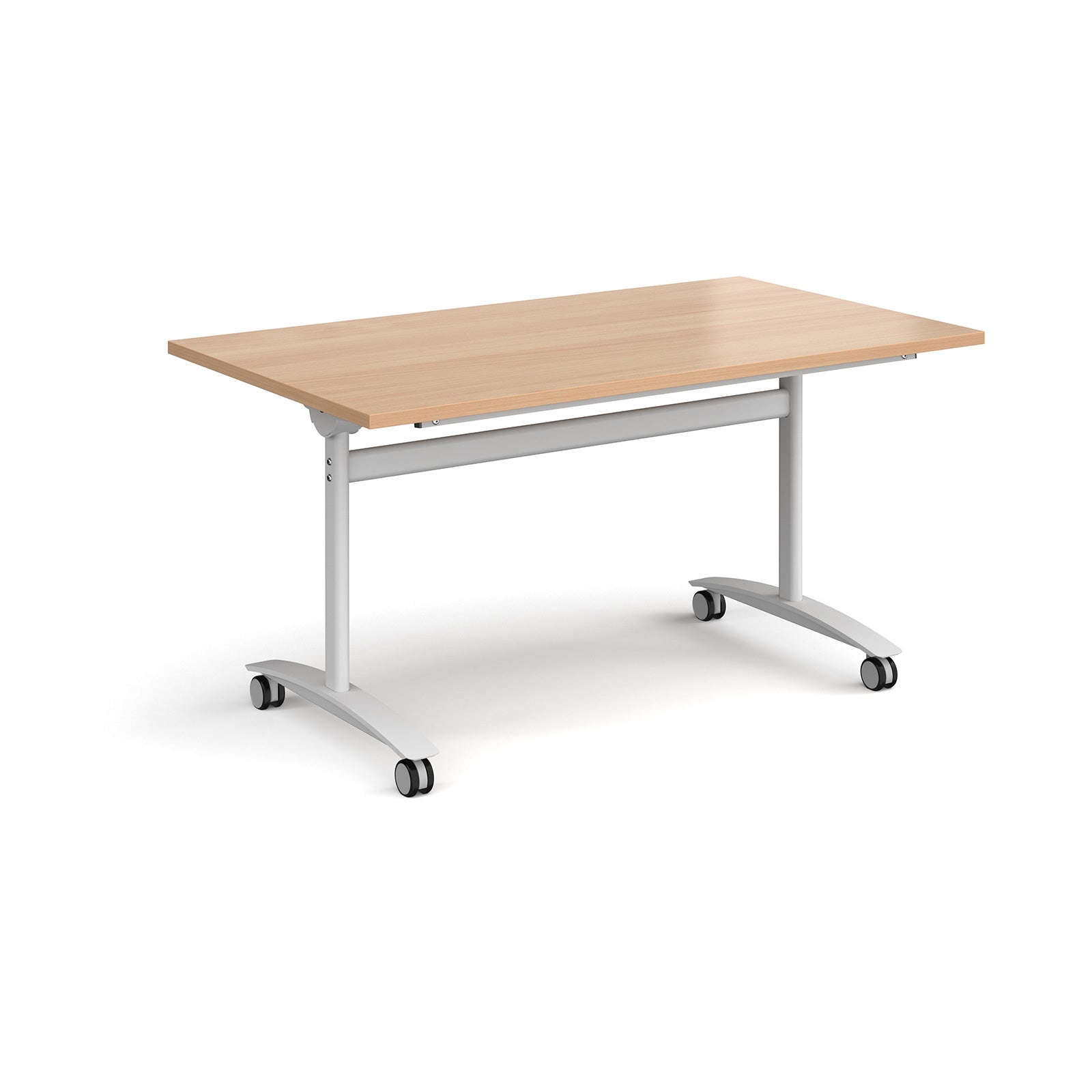 Rectangular table with a wood-effect top and white metal legs with castors on a white background