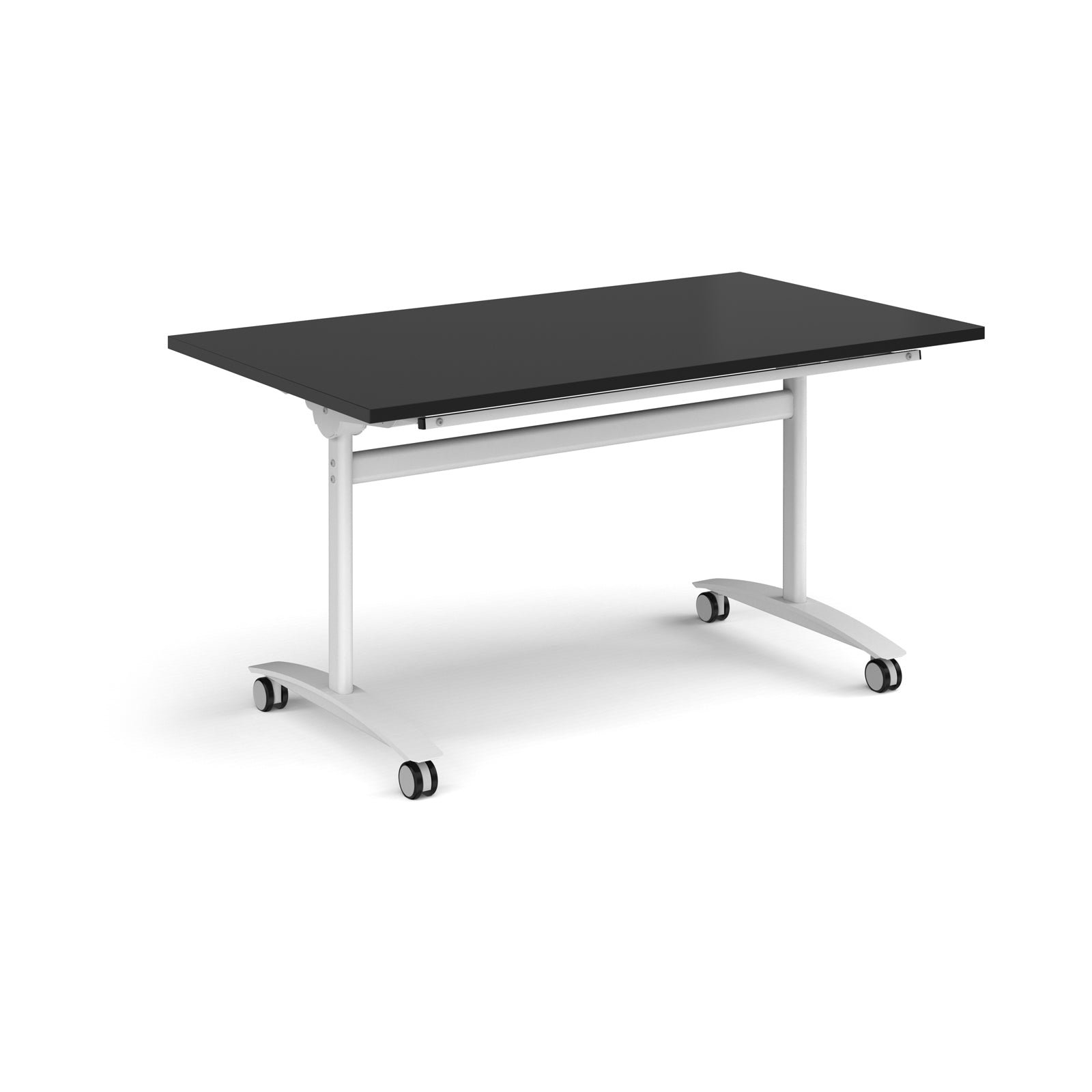 Rectangular table with a black top and white metal legs with castors on a white background