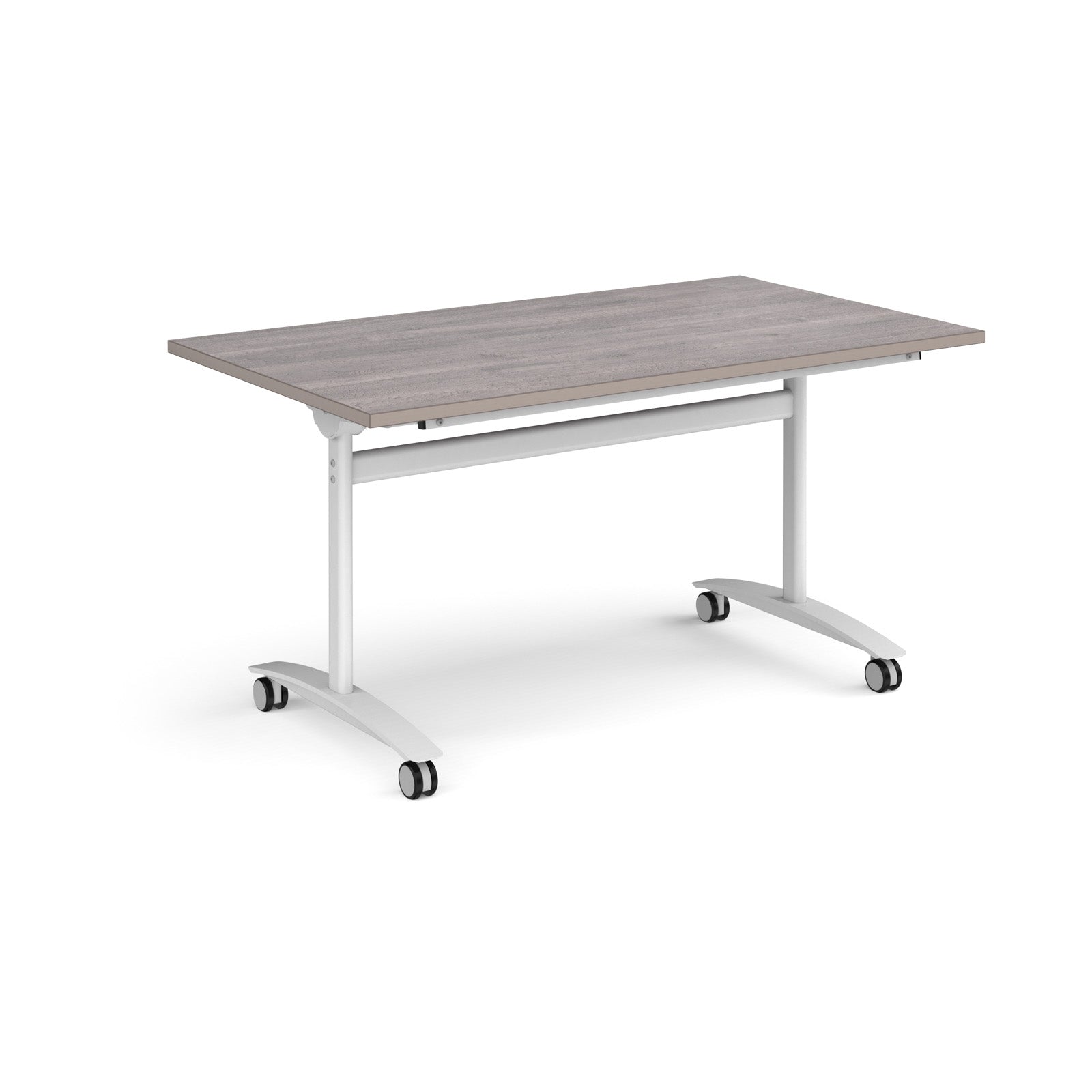 Rectangular table with a grey wood-effect top and white metal legs with castors on a white background
