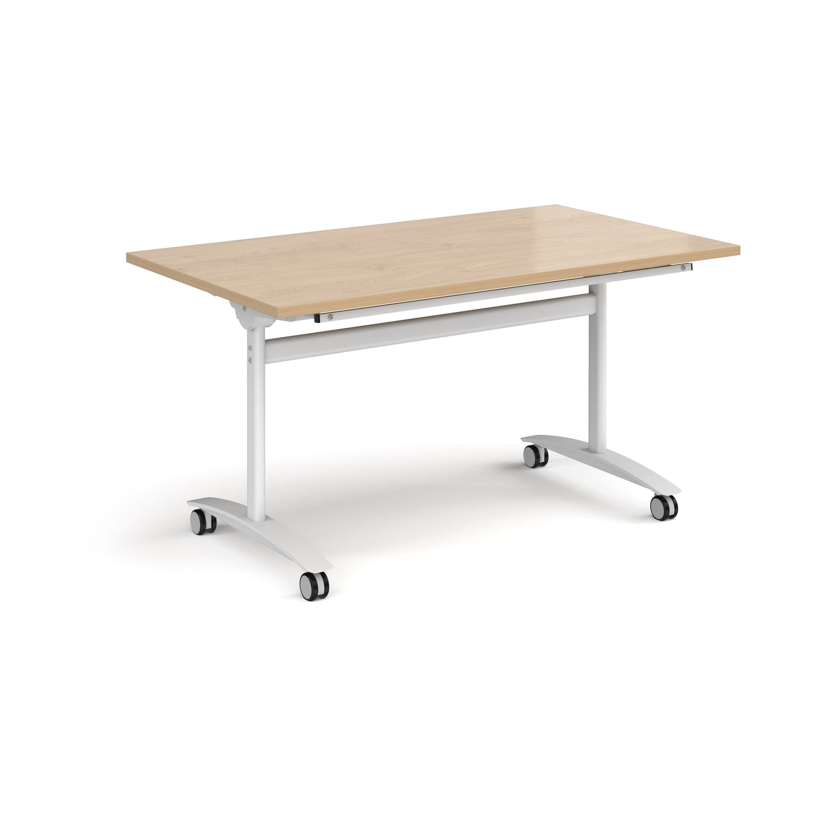 Rectangular table with a wood-effect top and white metal legs with castors on a white background