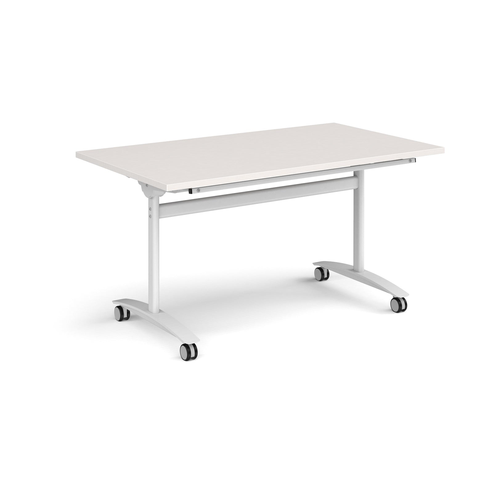Rectangular table with a light grey top and white metal legs with castors on a white background