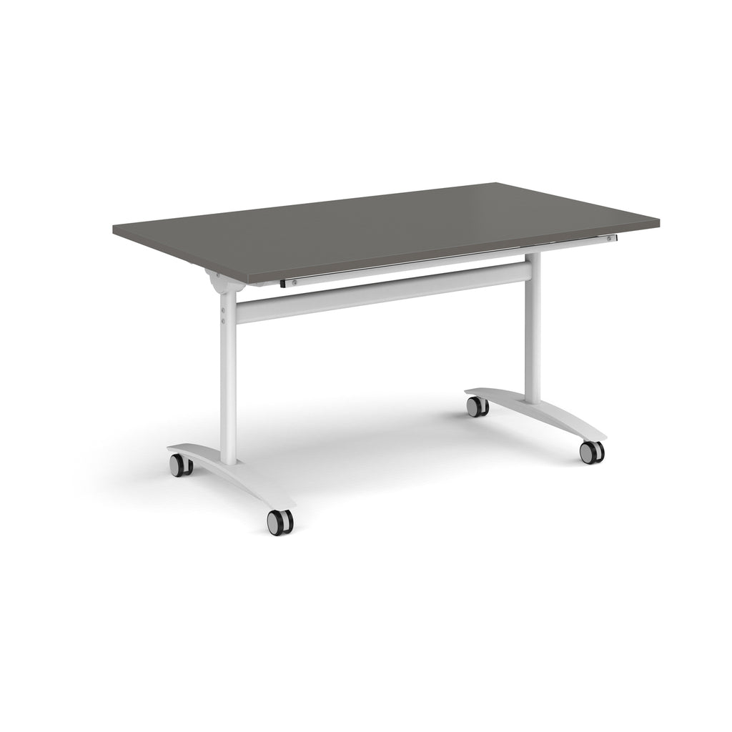 Rectangular table with a grey top and white metal legs with castors on a white background