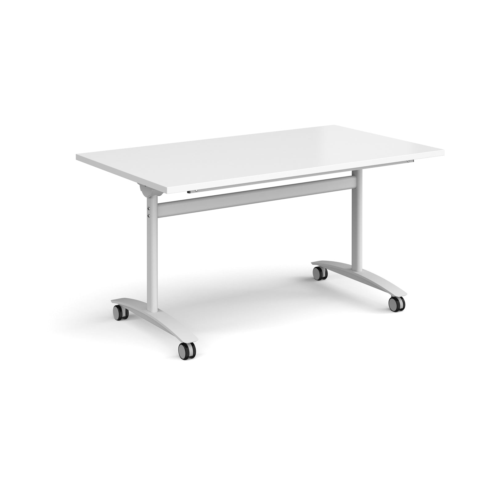 White rectangular table with wheels on a white background