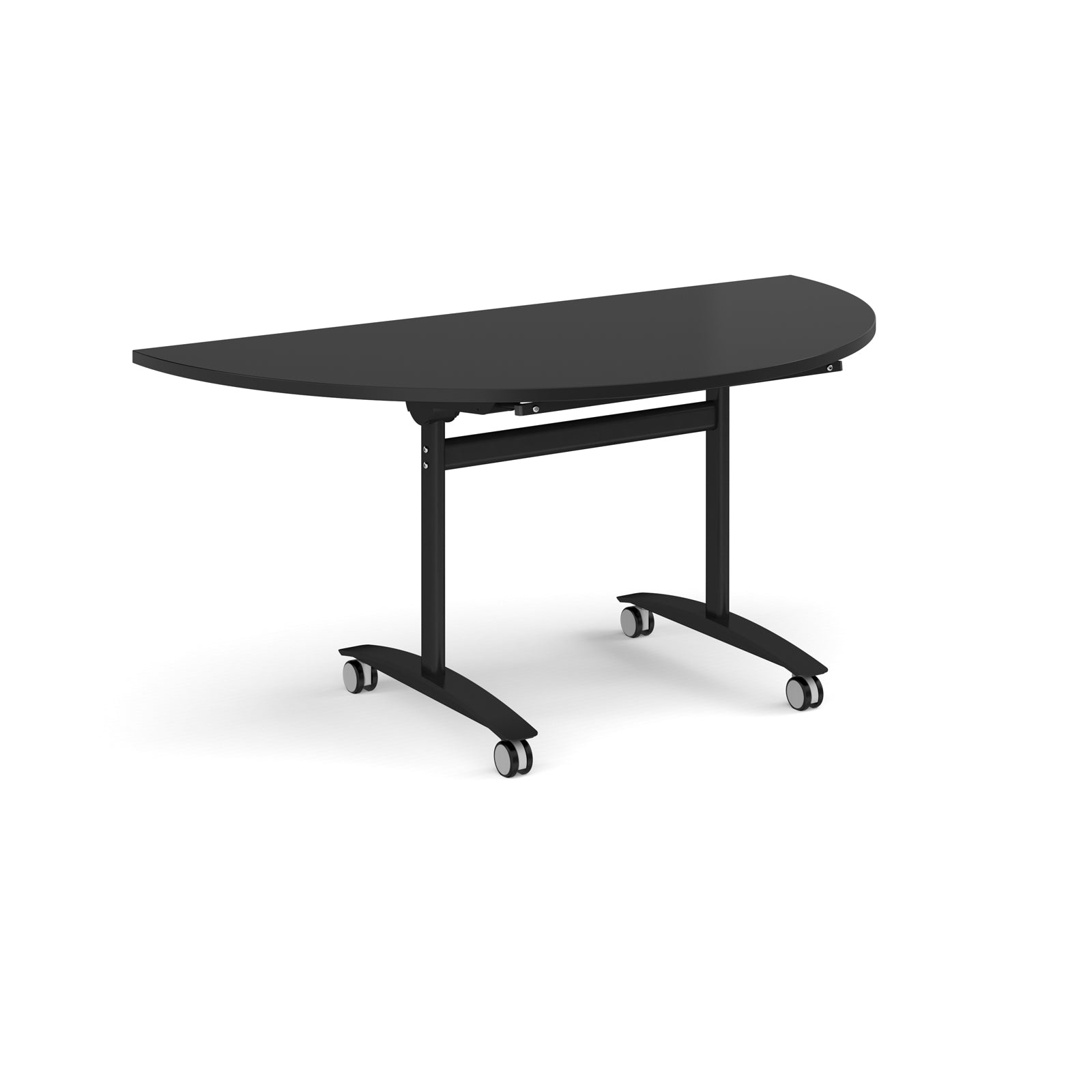 Black semi-circular folding table with metal frame on castors, shown on a plain white background.
