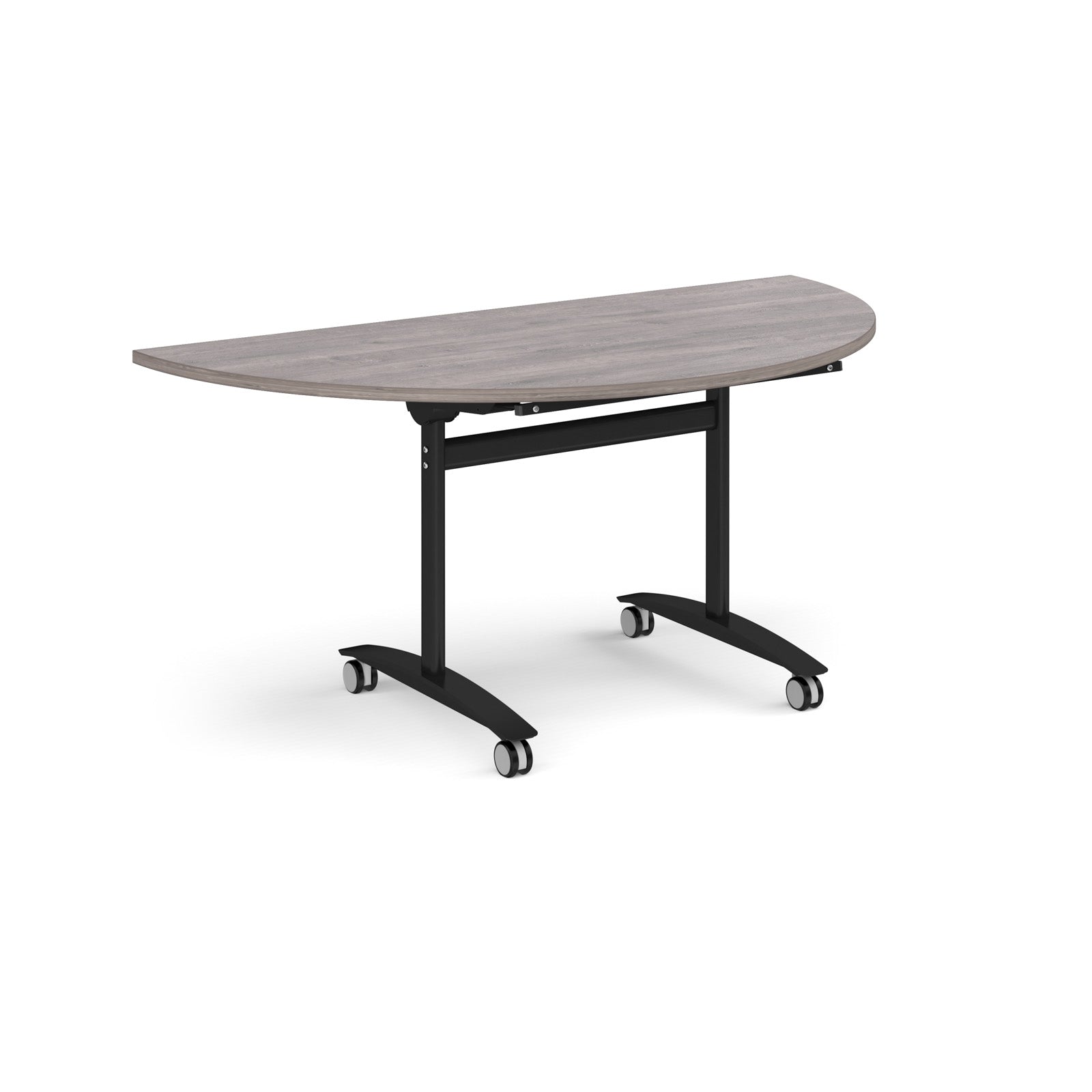 A semi-circular folding table with a grey wood-effect top and a black metal frame on castors, shown on a plain white background.