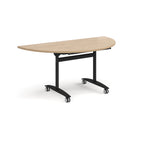 A semi-circular folding table with a wood-effect top and a black metal frame on castors, shown on a plain white background.