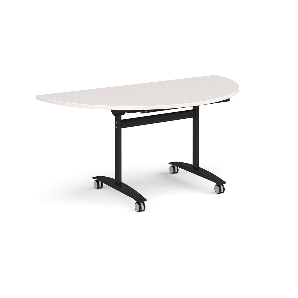 A semi-circular folding table with a light grey top and a black metal frame on castors, shown on a plain white background.