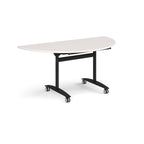 A semi-circular folding table with a light grey top and a black metal frame on castors, shown on a plain white background.
