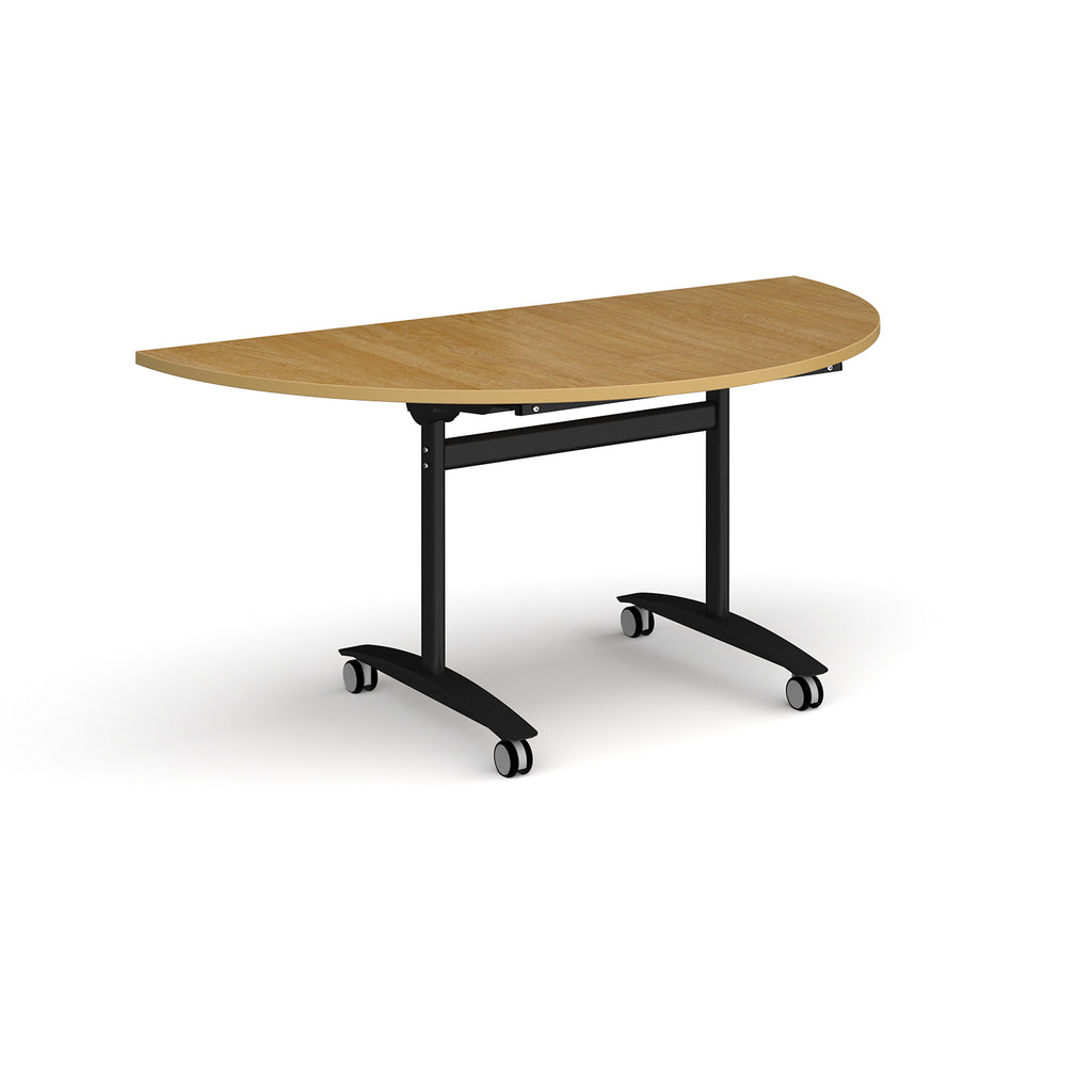 A semi-circular folding table with a wood-effect top and a black metal frame on castors, shown on a plain white background.