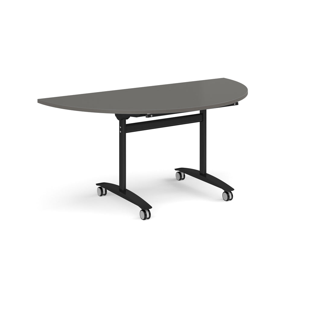 A semi-circular folding table with a grey top and a black metal frame on castors, shown on a plain white background.