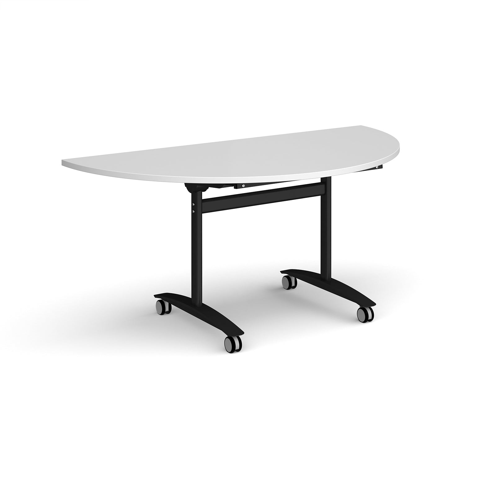 A semi-circular folding table with a white top and a black metal frame on castors, shown on a plain white background.