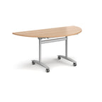 A semi-circular folding table with a wood-effect top and a silver metal frame on castors, shown on a plain white background.