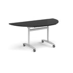 A semi-circular folding table with a black top and a silver metal frame on castors, shown on a plain white background.