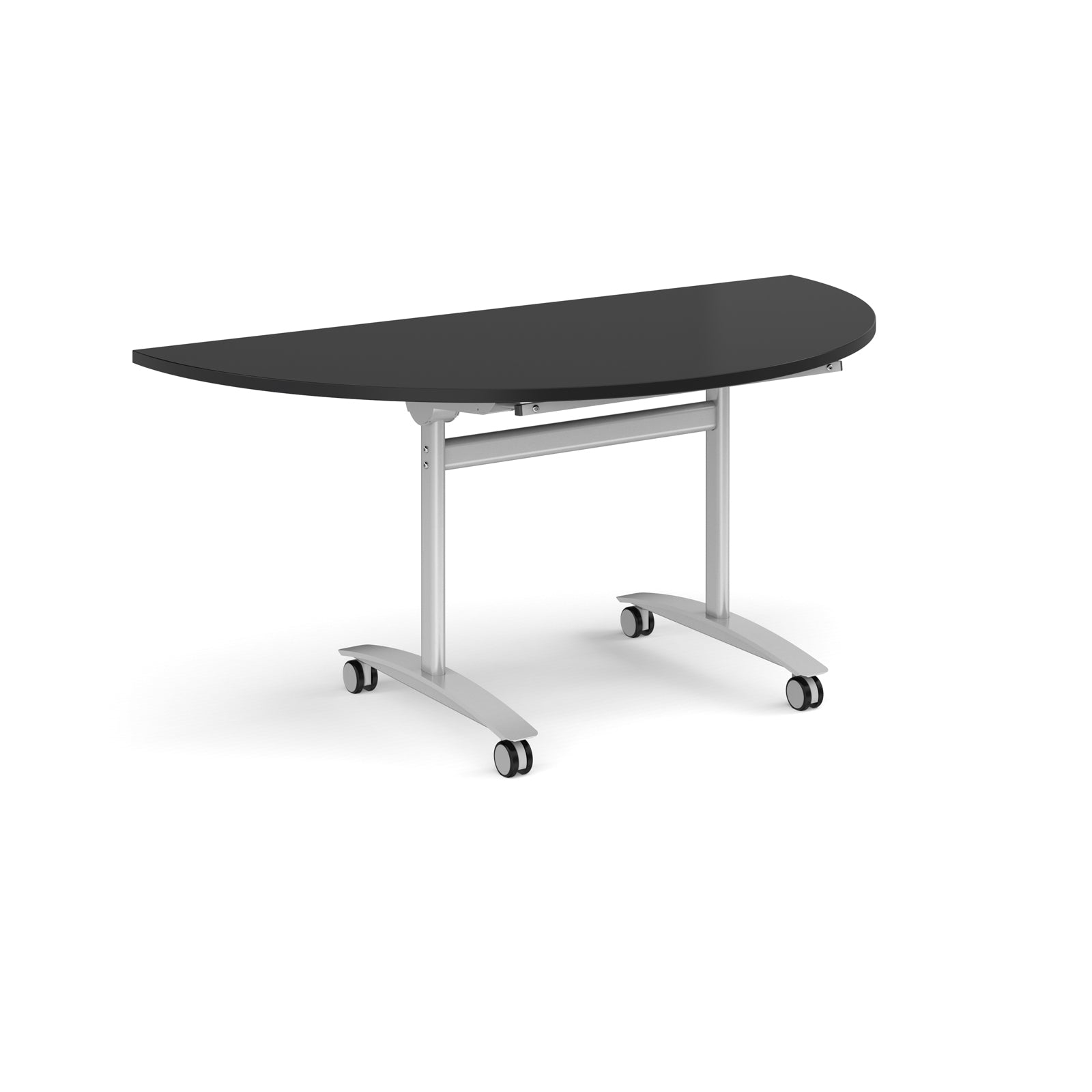 A semi-circular folding table with a black top and a silver metal frame on castors, shown on a plain white background.