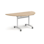 A semi-circular folding table with a wood-effect top and a silver metal frame on castors, shown on a plain white background.