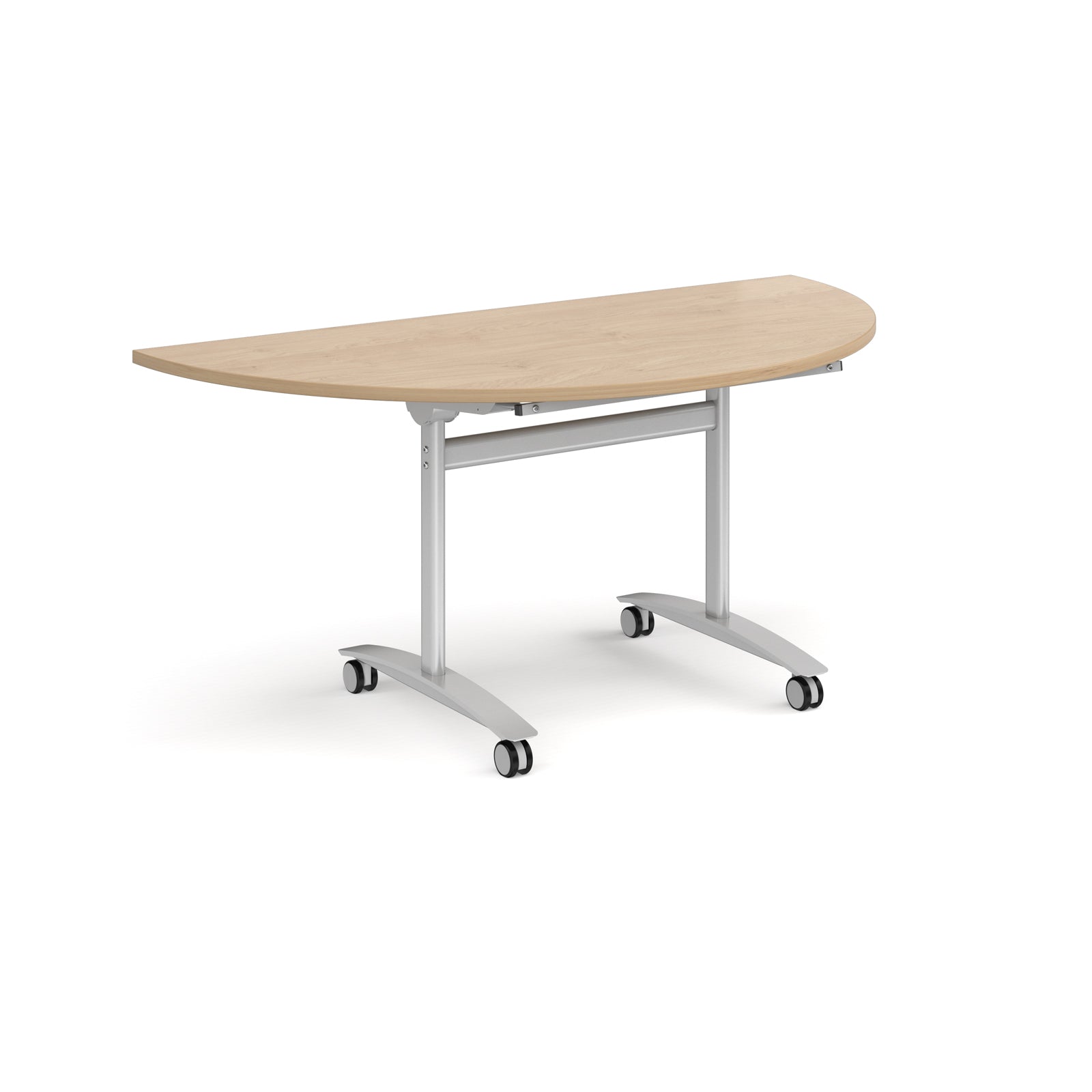 A semi-circular folding table with a wood-effect top and a silver metal frame on castors, shown on a plain white background.