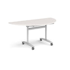 A semi-circular folding table with a light grey top and a silver metal frame on castors, shown on a plain white background.