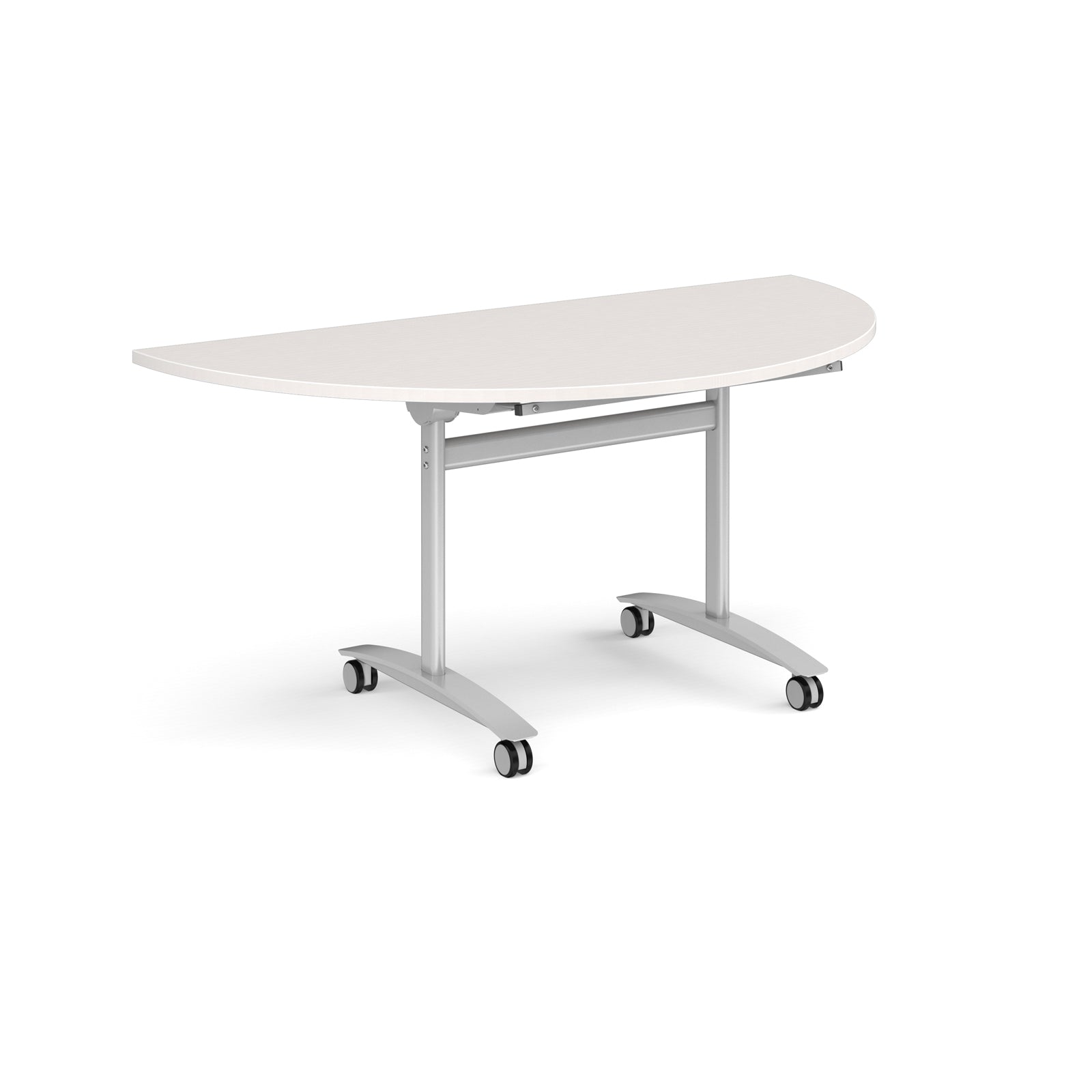 A semi-circular folding table with a light grey top and a silver metal frame on castors, shown on a plain white background.