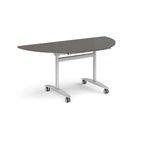 A semi-circular folding table with a light grey top and a silver metal frame on castors, shown on a plain white background.