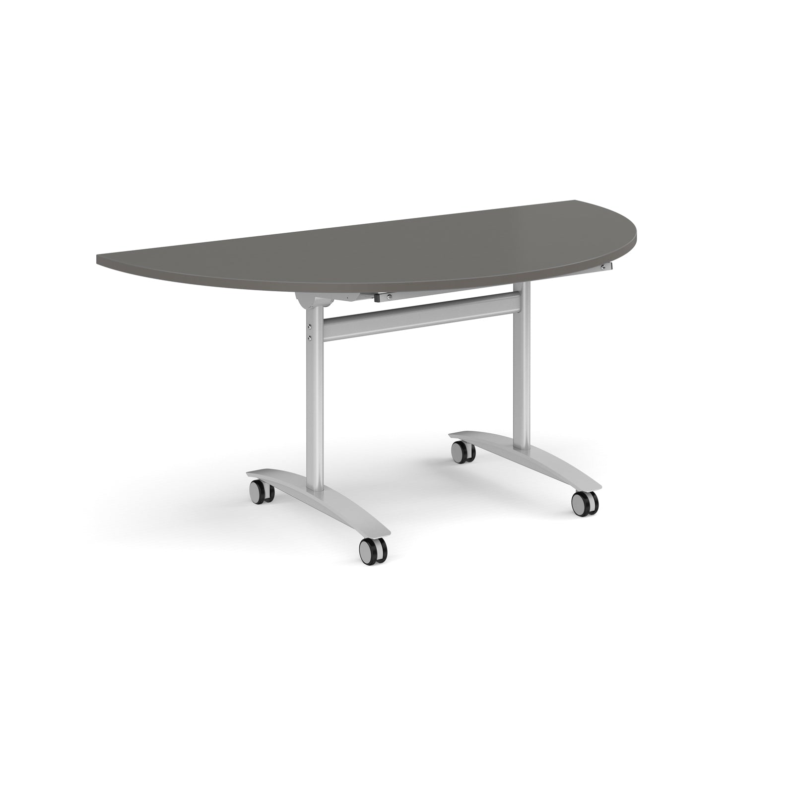 A semi-circular folding table with a light grey top and a silver metal frame on castors, shown on a plain white background.
