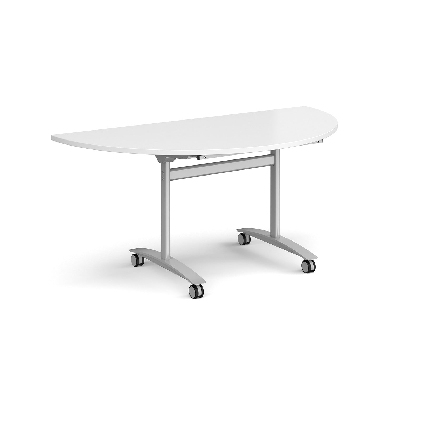 A semi-circular folding table with a white top and a silver metal frame on castors, shown on a plain white background.
